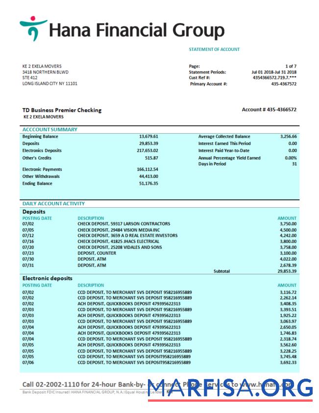 Downloadable Hana Financial Group firm bank statement Word and PDF template